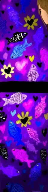 Free purple bookmark featuring fish and flowers on bright purple